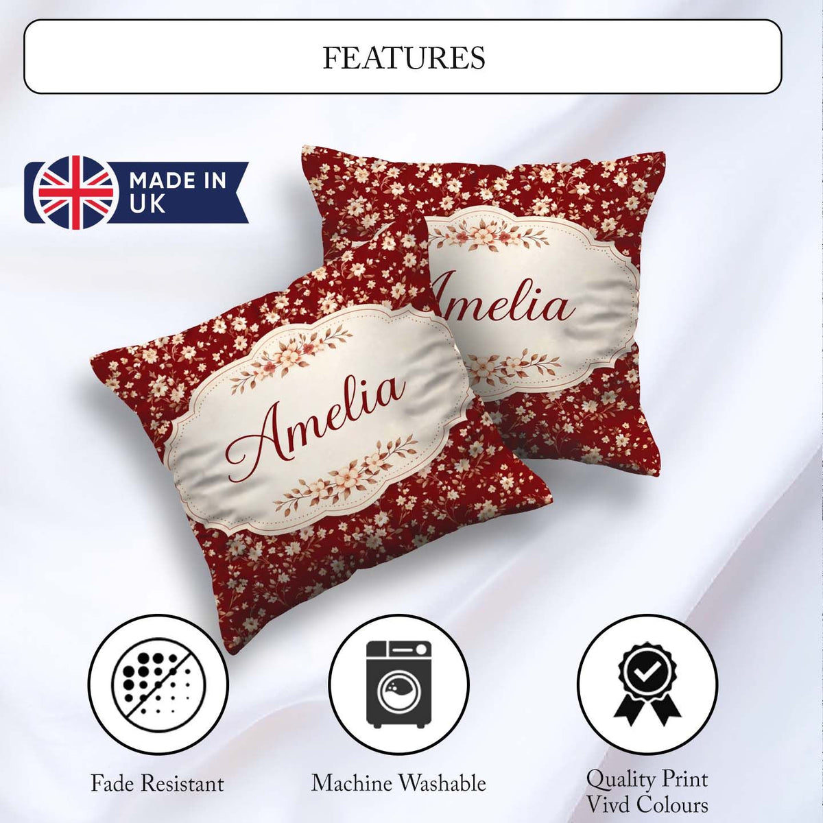 Custom Name Red Small Floral Seamless Pattern Perfect for Her Square Filled Cushion Throw Pillow Sofa Bed Home Decor Zip Washable UK Made