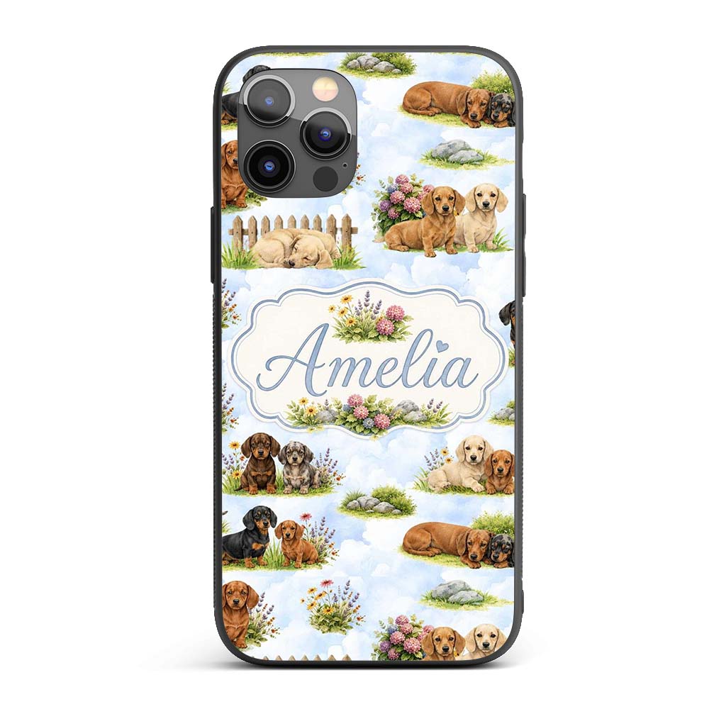 Cute Dachshund Puppy Garden Floral Printed Design Custom Name Protective Phone Case Mobile Cover Durable Everyday Smartphone Shock Resistant