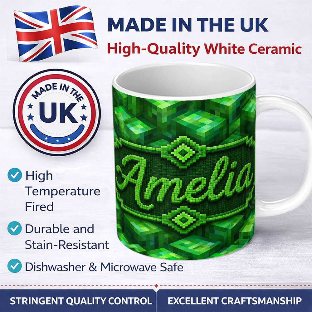 Personalized Custom Name Green 3D Cube Block Abstract Seamless Pattern Beautiful Coffee Cup 11oz Ceramic Coffee Tea Mug White Large Handle