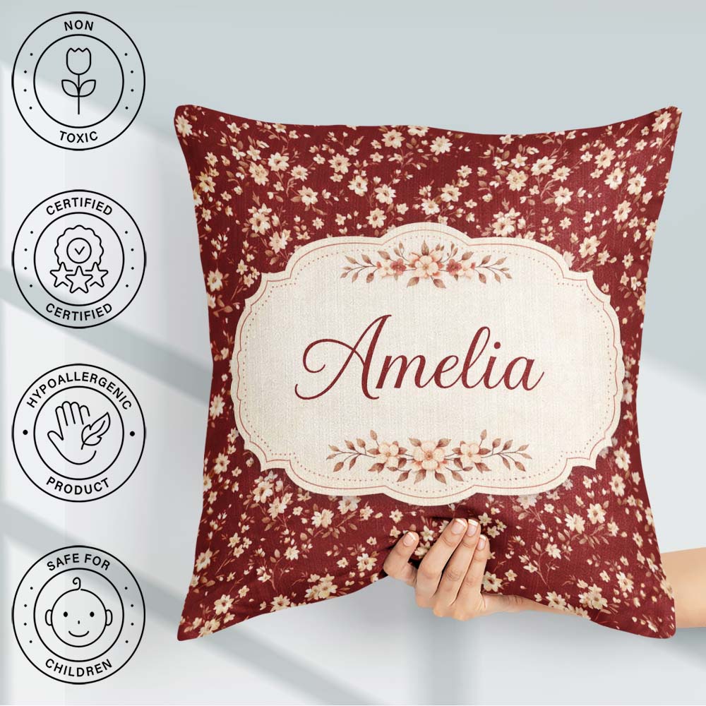 Custom Name Red Small Floral Seamless Pattern Perfect for Her Square Filled Cushion Throw Pillow Sofa Bed Home Decor Zip Washable UK Made