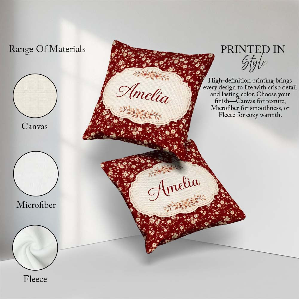 Custom Name Red Small Floral Seamless Pattern Perfect for Her Square Filled Cushion Throw Pillow Sofa Bed Home Decor Zip Washable UK Made