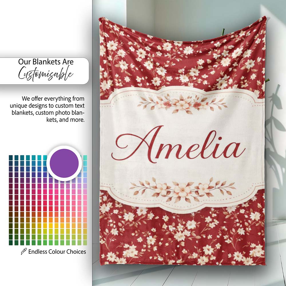 Red Small Floral Seamless Pattern Perfect Gift for Her Lovely Personalised Custom Name Super Soft Fleece Blanket Bed Sofa Throw