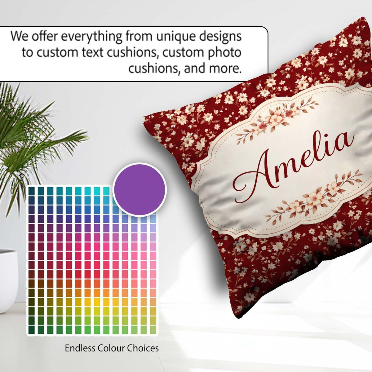 Custom Name Red Small Floral Seamless Pattern Perfect for Her Square Filled Cushion Throw Pillow Sofa Bed Home Decor Zip Washable UK Made