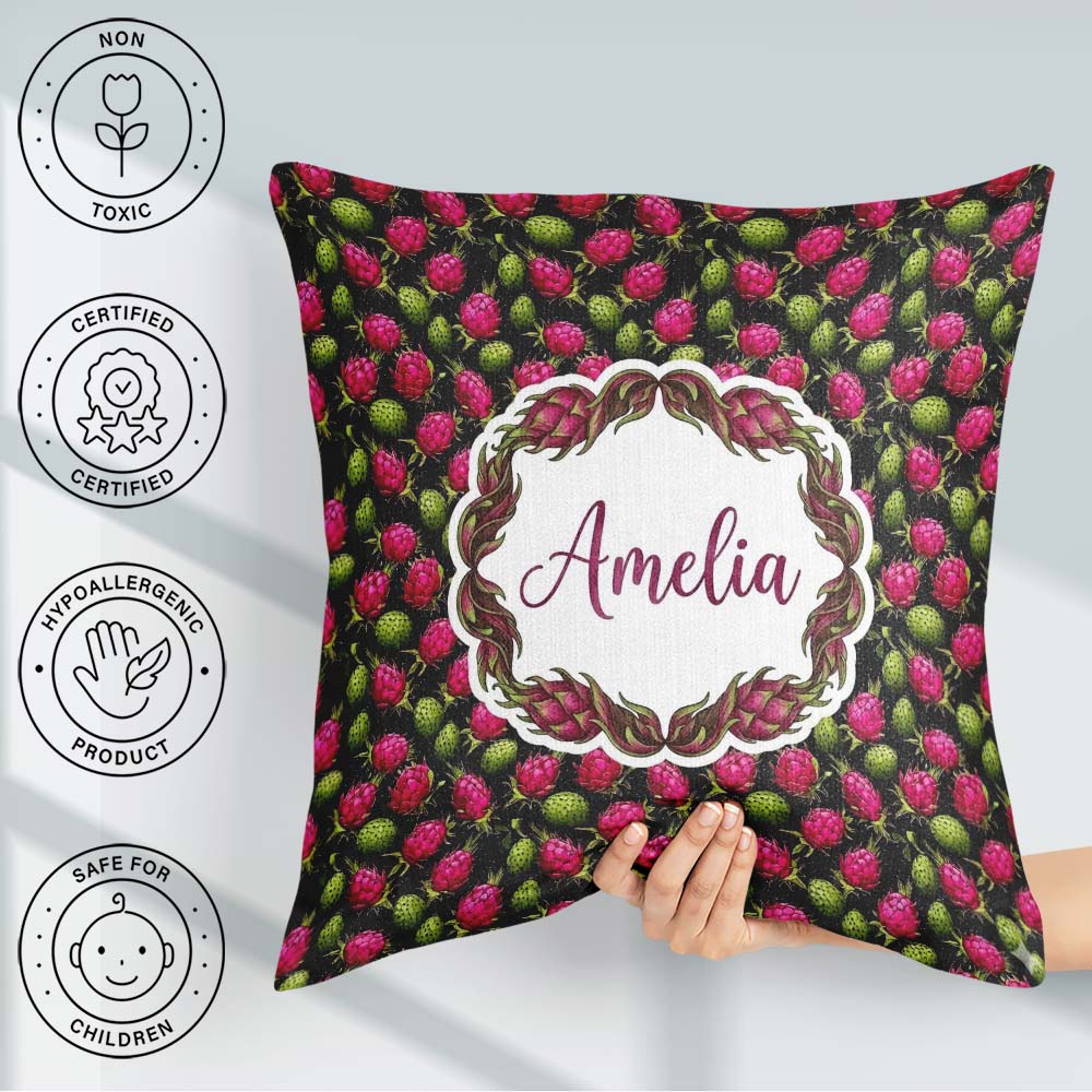 Custom Name Dragon Fruit and Cactus Fruit Pattern on Background Square Filled Cushion Throw Pillow Sofa Bed Home Decor Zip Washable UK Made