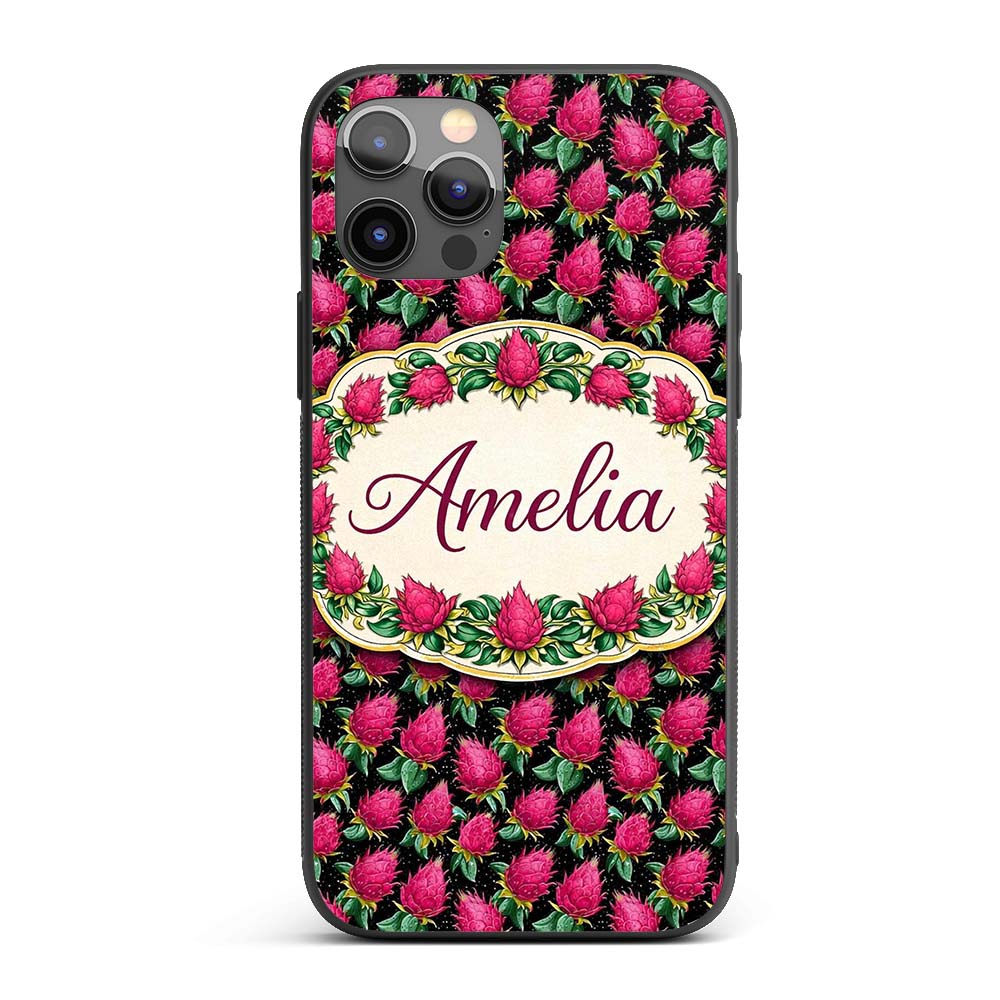 Dragon Fruit Pattern with Green Leaves on Dark Custom Name Protective Phone Case Mobile Cover Durable Everyday Smartphone Shock Resistant