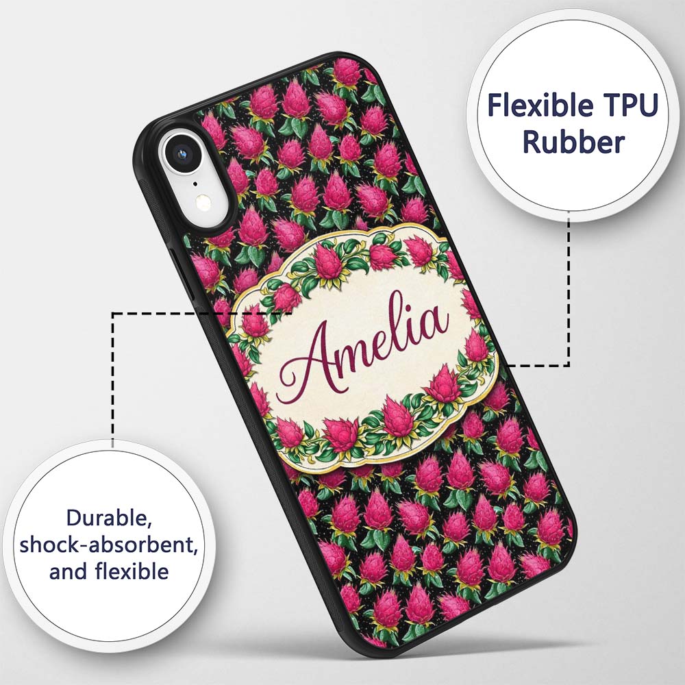Dragon Fruit Pattern with Green Leaves on Dark Custom Name Protective Phone Case Mobile Cover Durable Everyday Smartphone Shock Resistant