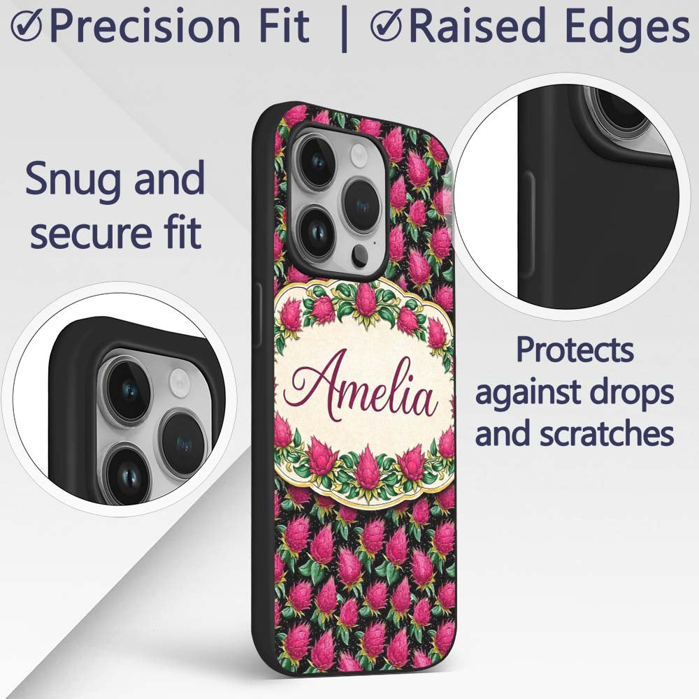 Dragon Fruit Pattern with Green Leaves on Dark Custom Name Protective Phone Case Mobile Cover Durable Everyday Smartphone Shock Resistant