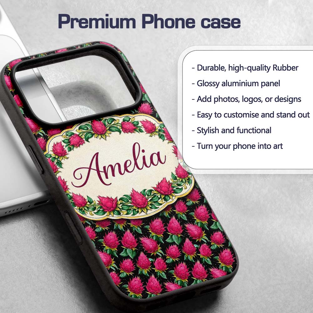 Dragon Fruit Pattern with Green Leaves on Dark Custom Name Protective Phone Case Mobile Cover Durable Everyday Smartphone Shock Resistant