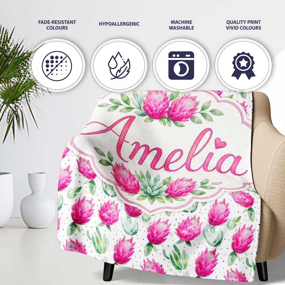 Watercolour Dragon Fruit Pattern with Green Leaves on Light Lovely Personalised Custom Name Super Soft Fleece Blanket Bed Sofa Throw