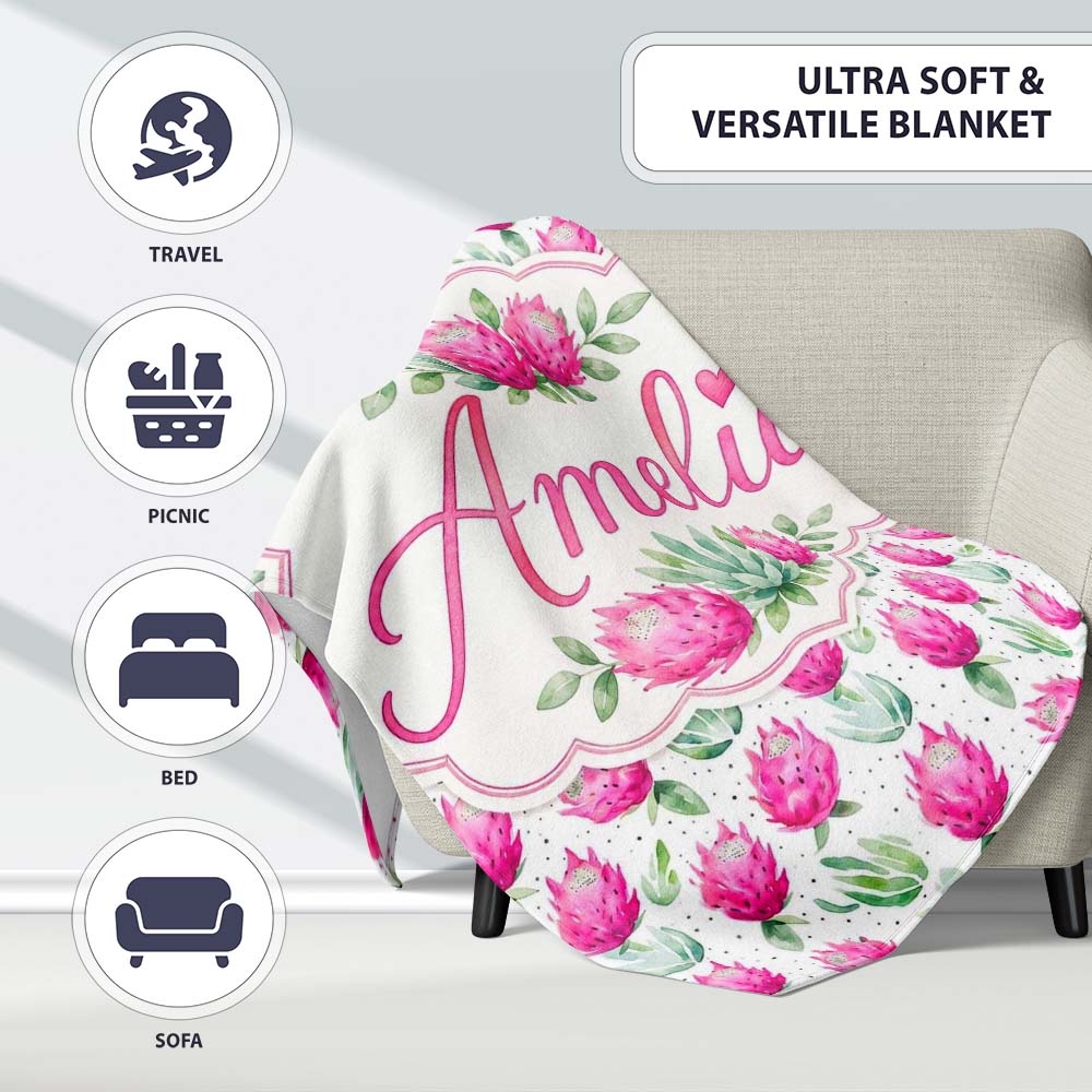 Watercolour Dragon Fruit Pattern with Green Leaves on Light Lovely Personalised Custom Name Super Soft Fleece Blanket Bed Sofa Throw
