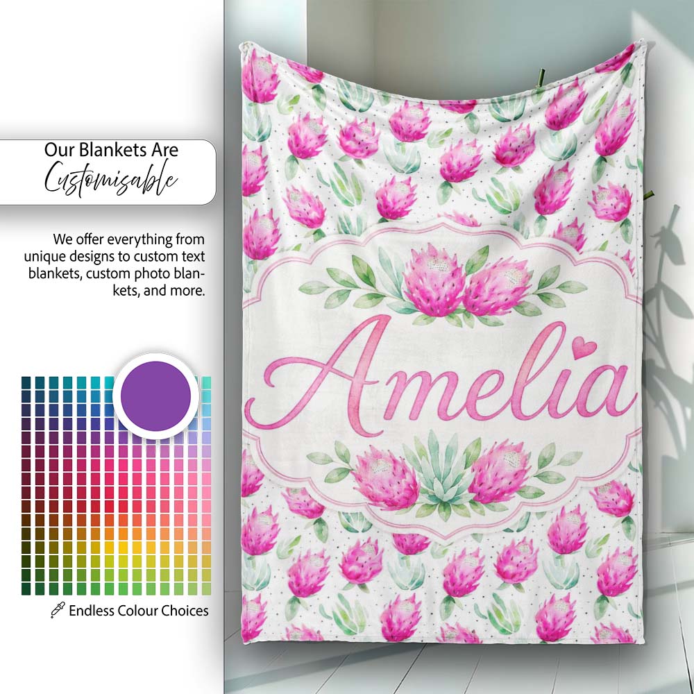 Watercolour Dragon Fruit Pattern with Green Leaves on Light Lovely Personalised Custom Name Super Soft Fleece Blanket Bed Sofa Throw