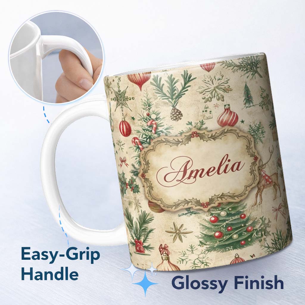 Personalized Custom Name Vintage Woodland Christmas Tree Deer Fox Ornaments and Snowflakes 11oz Ceramic Coffee Tea Mug White Large Handle