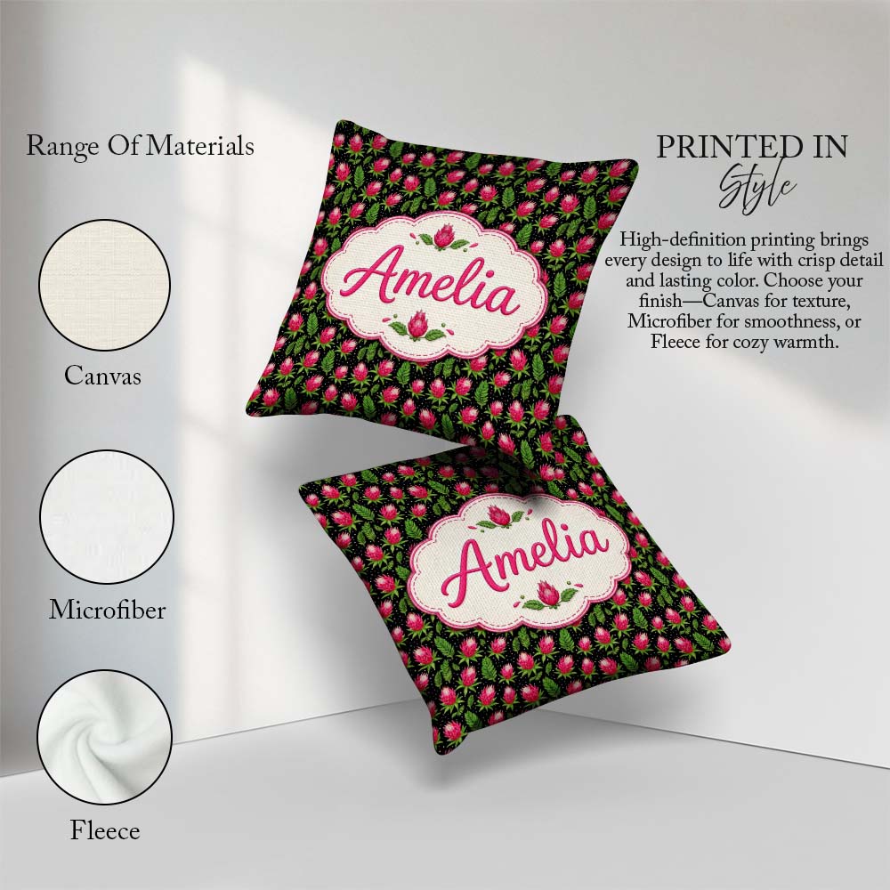 Custom Name Protea Flower and Fern Leaf Pattern on Black Lovely Square Filled Cushion Throw Pillow Sofa Bed Home Decor Zip Washable UK Made