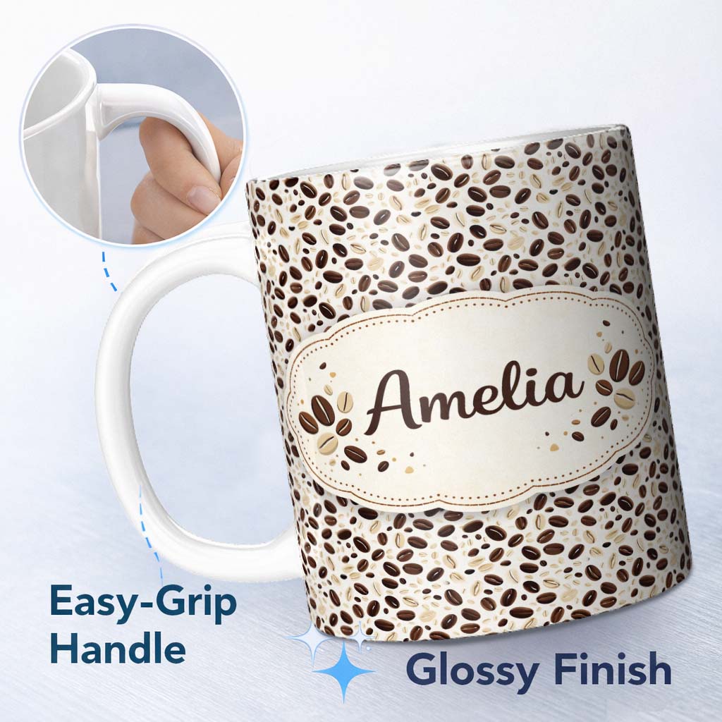 Personalized Custom Name Festive Christmas Tree Decorative Pattern Beige Seamless Pattern 11oz Ceramic Coffee Tea Mug White Large Handle