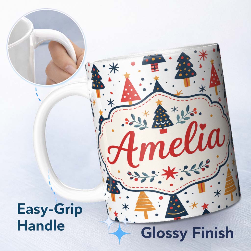 Personalized Custom Name Cute Modern Christmas Tree Star Minimal Seamless Pattern Lovely 11oz Ceramic Coffee Tea Mug White Large Handle