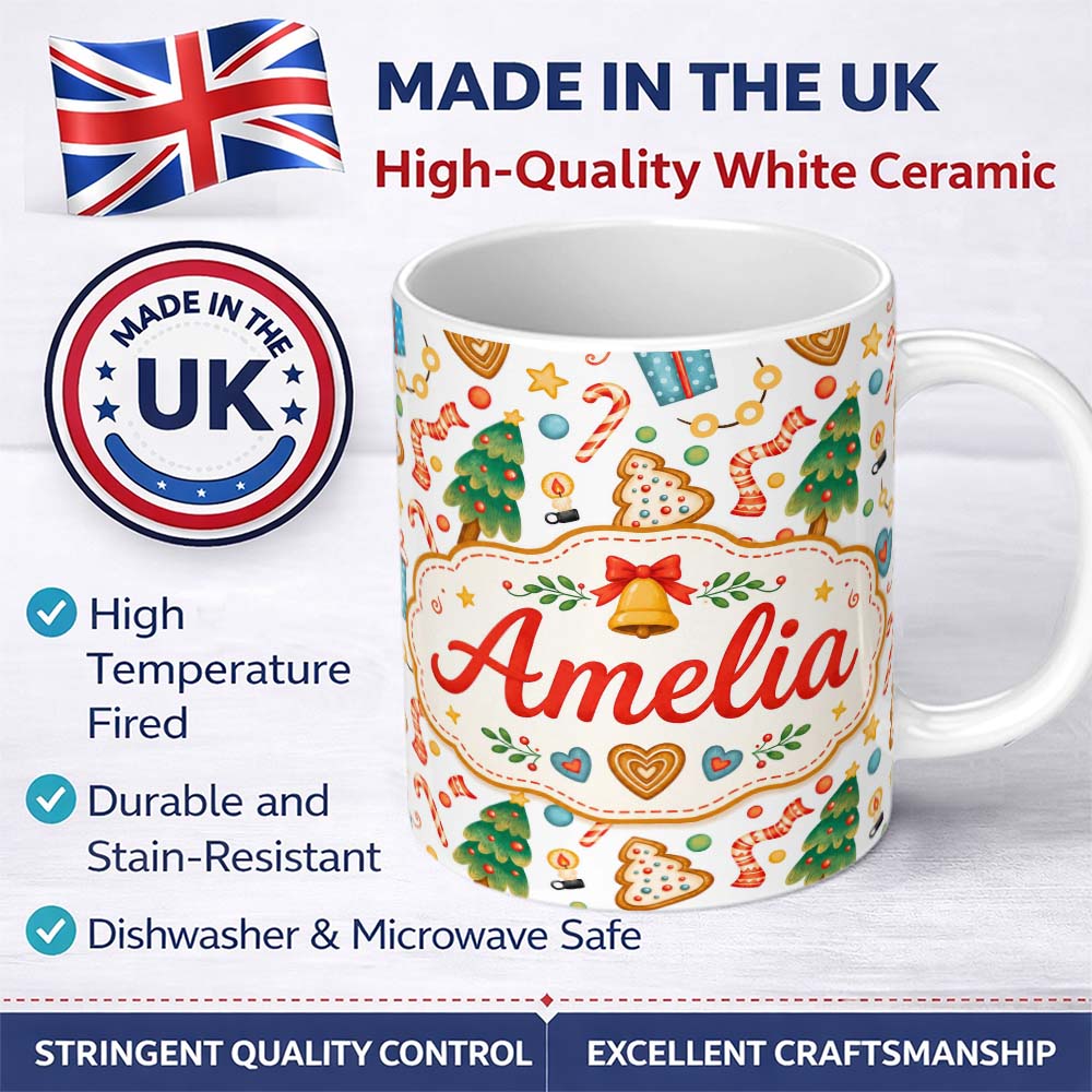 Personalized Custom Name Watercolor Christmas Tree Cookie Candy Festive Seamless Pattern 11oz Ceramic Coffee Tea Mug White Large Handle