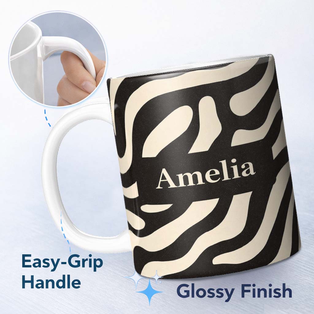 Personalized Custom Name Fluid Zebra Waves Black Cream Organic Stripe Pattern Lovely 11oz Ceramic Coffee Tea Mug White Large Handle