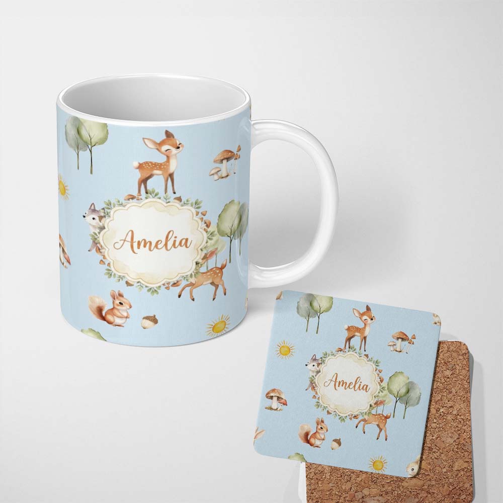 Personalized Custom Name Woodland Deer Fox Squirrel Trees Mushrooms Sun Soft Blue Seamless 11oz Ceramic Coffee Tea Mug White Large Handle