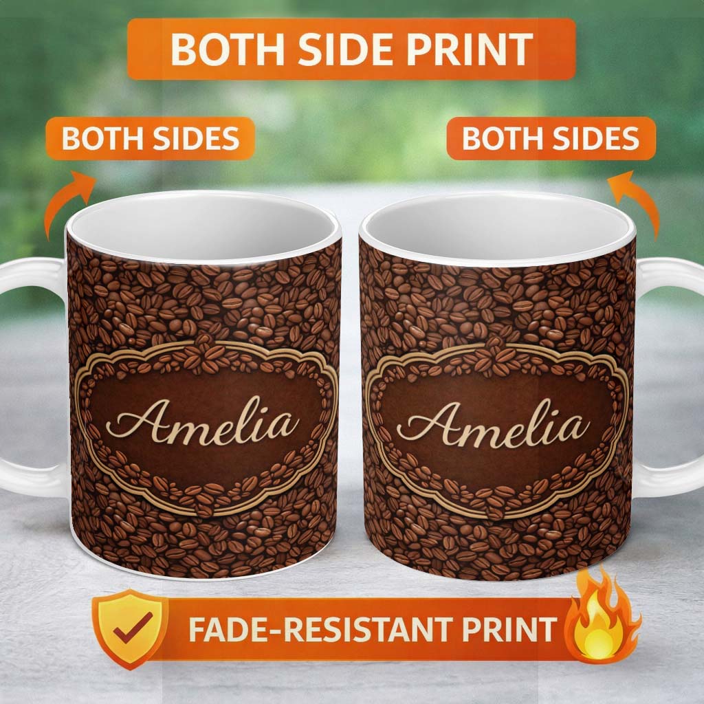 Personalized Custom Name Coffee Beans Mixed Roast Seamless Pattern Charming Kitchen Decor 11oz Ceramic Coffee Tea Mug White Large Handle