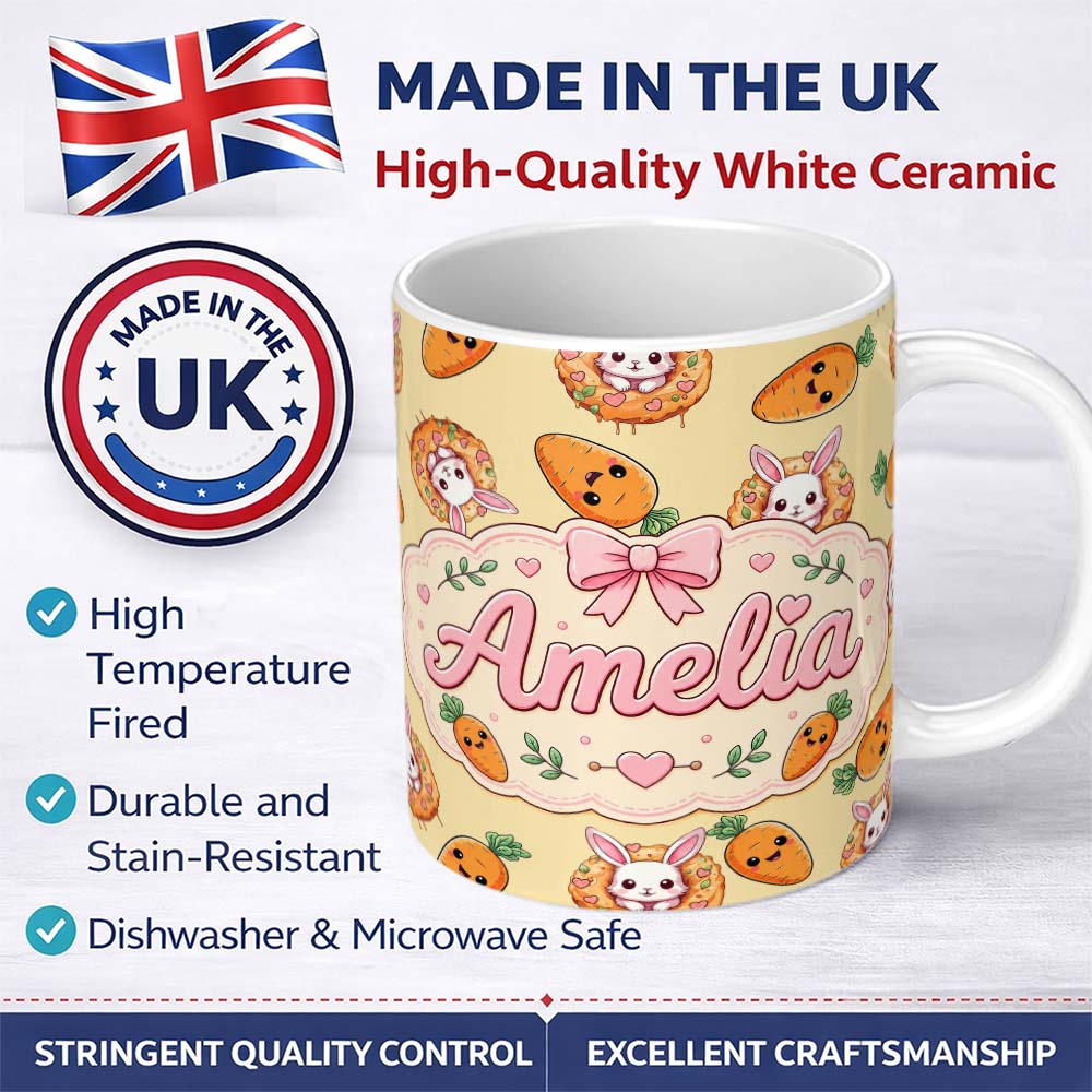 Personalized Custom Name Cute Easter Bunny Carrot Donut Hearts Seamless Pattern Soft Yellow 11oz Ceramic Coffee Tea Mug White Large Handle