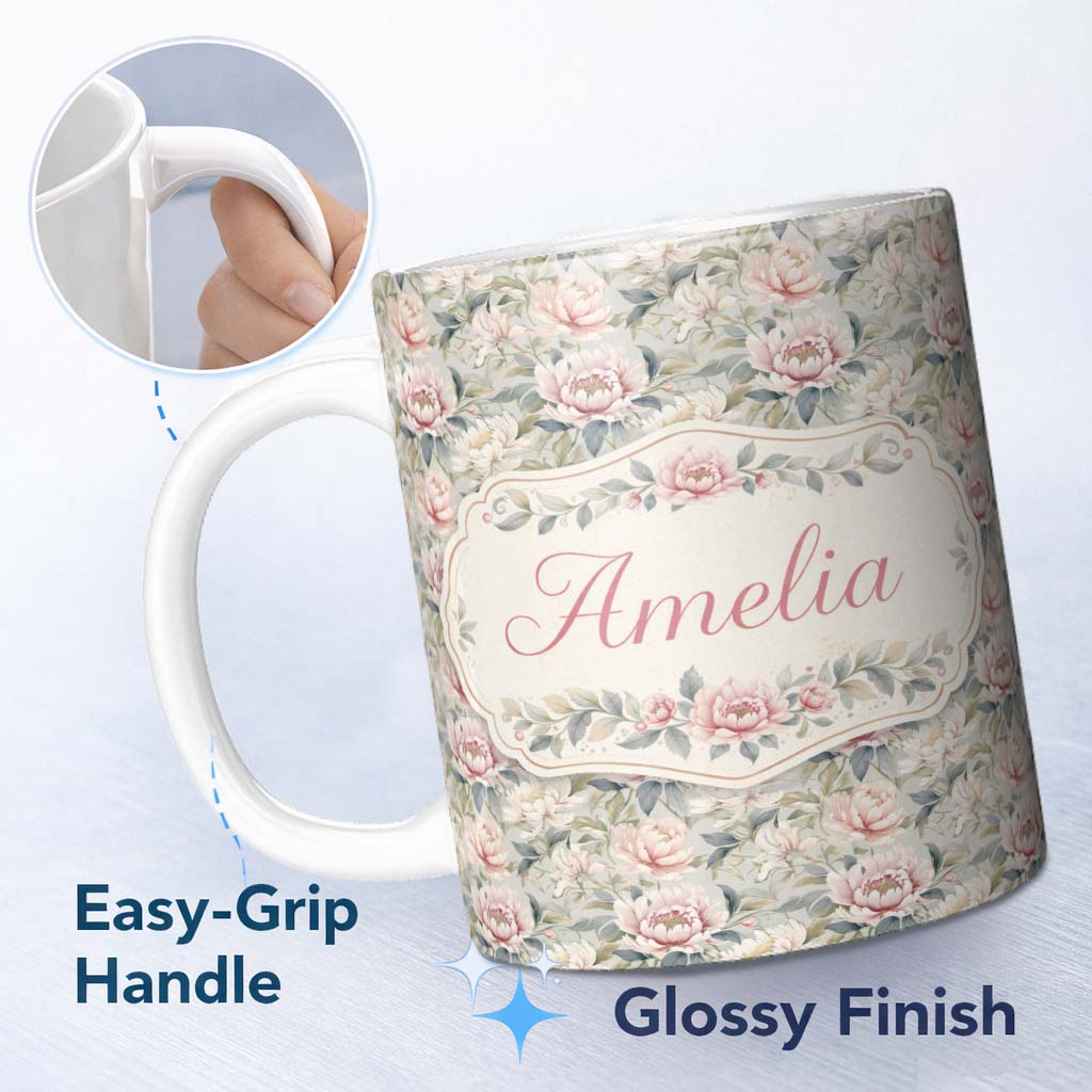 Personalized Custom Name Soft Pastel Peony Floral Garden Seamless Pattern Cute Unique Gift 11oz Ceramic Coffee Tea Mug White Large Handle