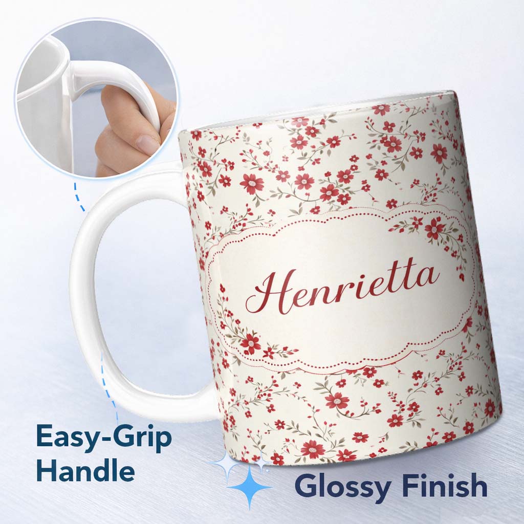 Personalized Custom Name Red Floral Cream Background Seamless Pattern Beautiful Coffee Cup 11oz Ceramic Coffee Tea Mug White Large Handle