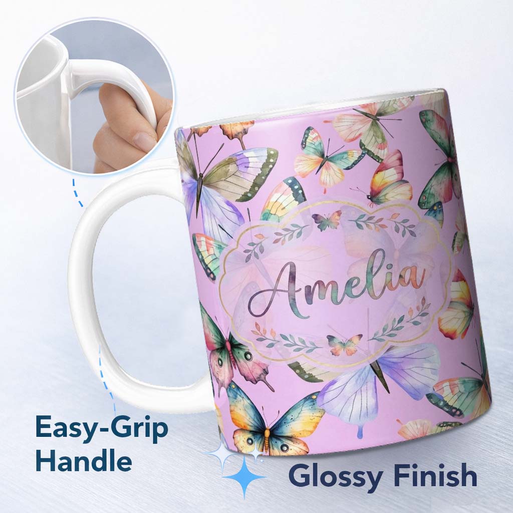 Personalized Custom Name Pastel Watercolor Butterflies Lavender Background Seamless Pattern 11oz Ceramic Coffee Tea Mug White Large Handle