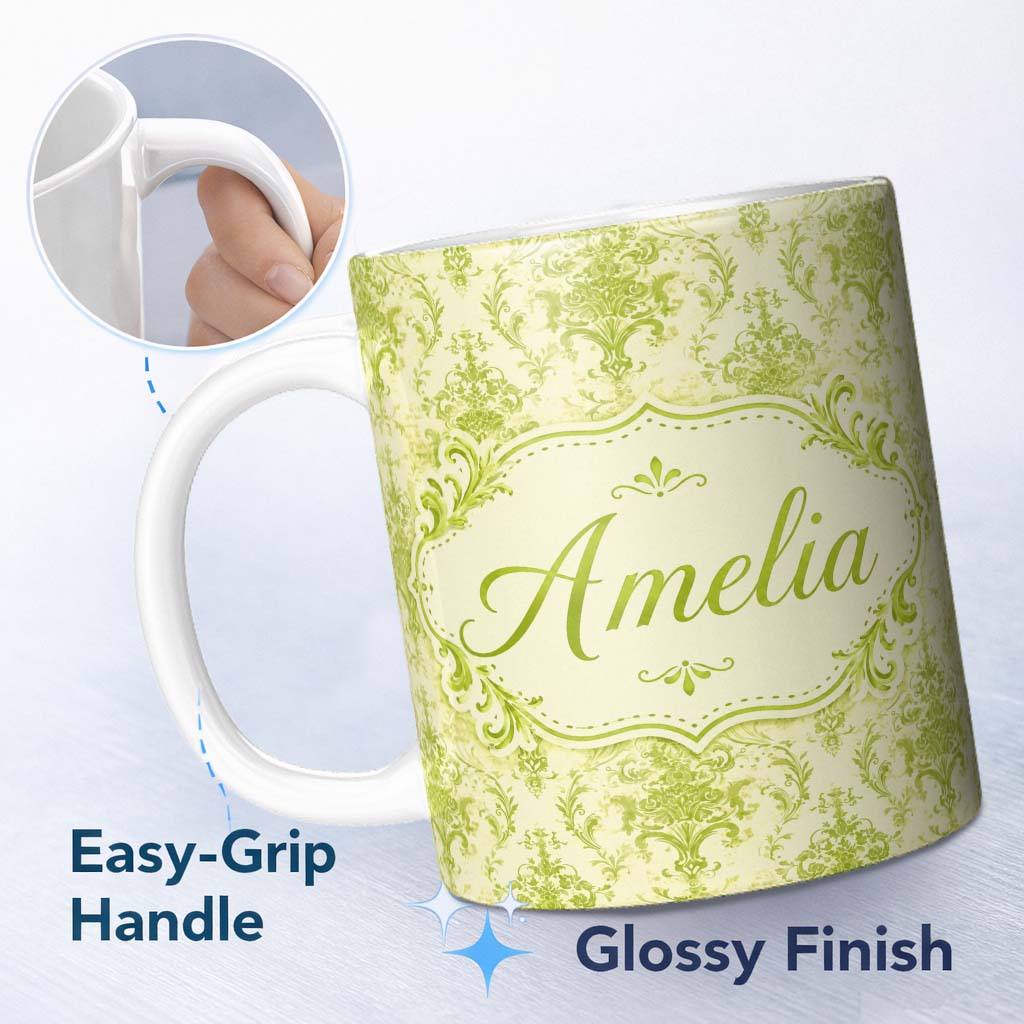 Personalized Custom Name Distressed Vintage Green Damask Ornamental Seamless Pattern Lovely 11oz Ceramic Coffee Tea Mug White Large Handle