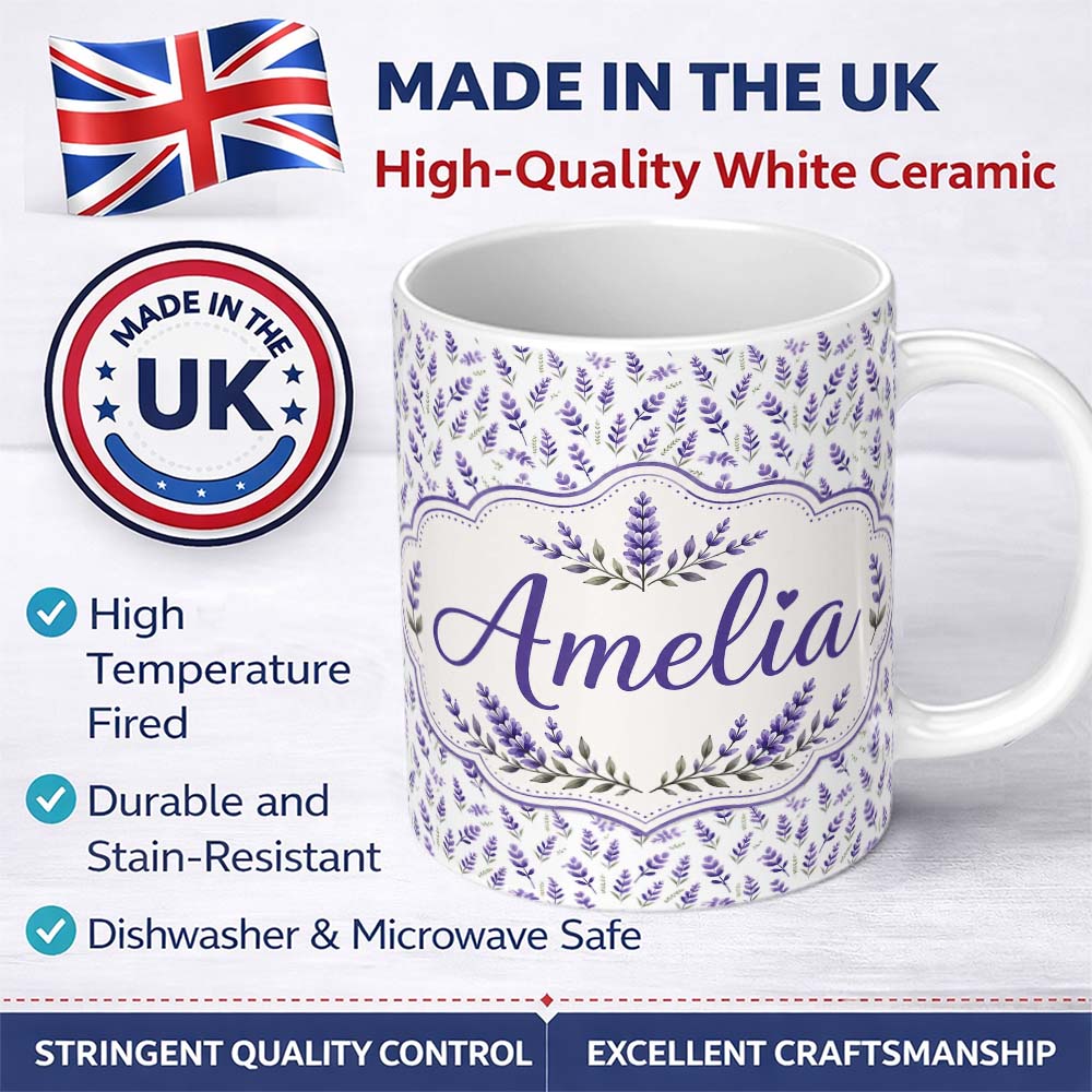 Personalized Custom Name Subtle Lavender Botanical Scatter Pattern in Gentle Pastel Shades 11oz Ceramic Coffee Tea Mug White Large Handle