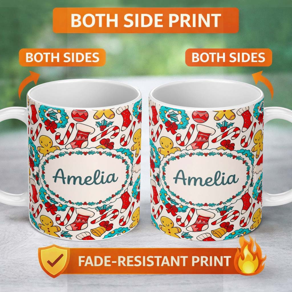 Personalized Custom Name Cute Gingerbread Wreath Bell Candy Cane Seamless Pattern Festive 11oz Ceramic Coffee Tea Mug White Large Handle