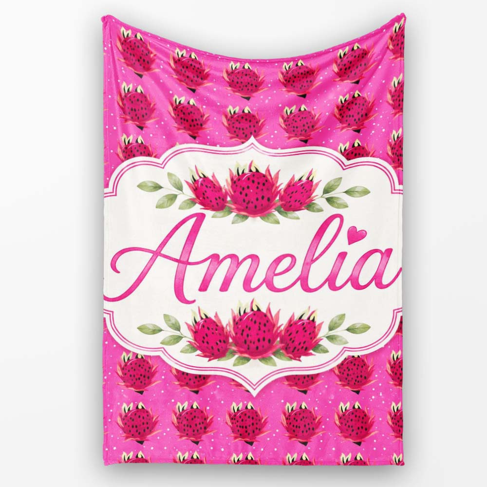 Small Dragon Fruit Repeat Pattern on Pink Background Lovely Personalised Custom Name Super Soft Fleece Blanket Bed Sofa Throw