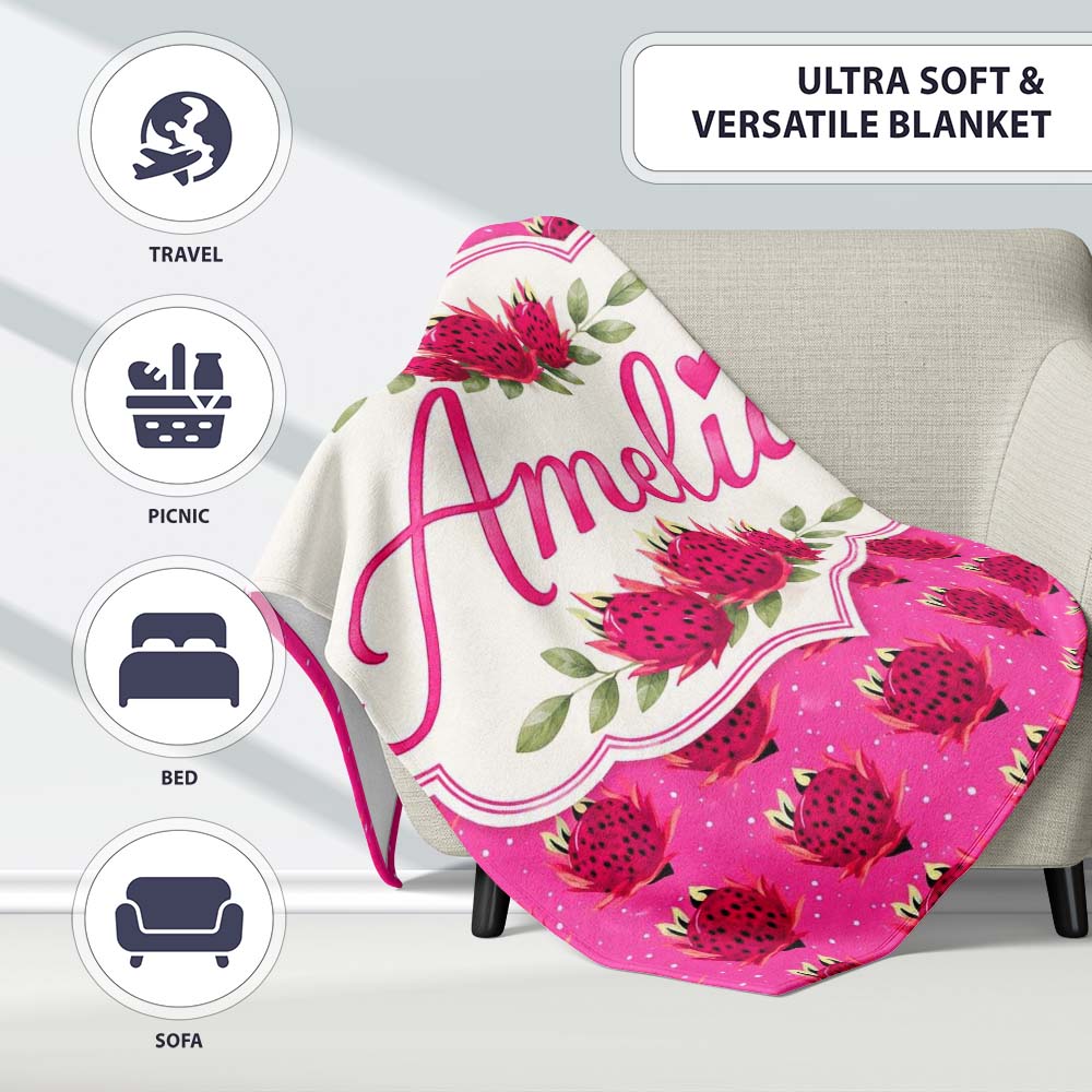 Small Dragon Fruit Repeat Pattern on Pink Background Lovely Personalised Custom Name Super Soft Fleece Blanket Bed Sofa Throw