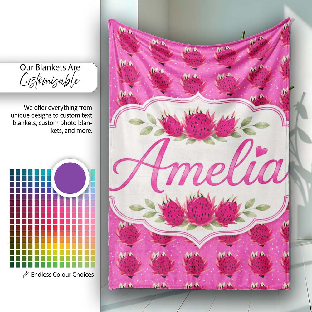 Small Dragon Fruit Repeat Pattern on Pink Background Lovely Personalised Custom Name Super Soft Fleece Blanket Bed Sofa Throw