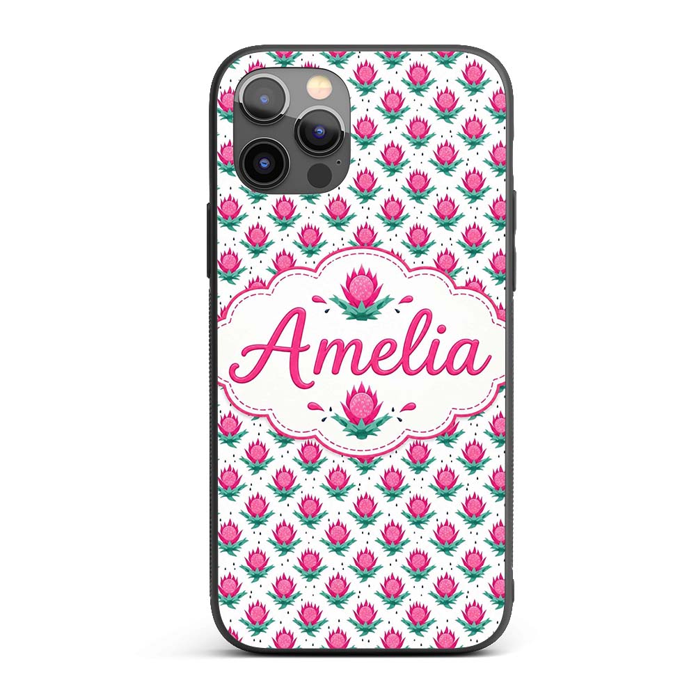 Stylised Pink Floral Bud Pattern Printed Design Custom Name Protective Phone Case Mobile Cover Durable Everyday Smartphone Shock Resistant