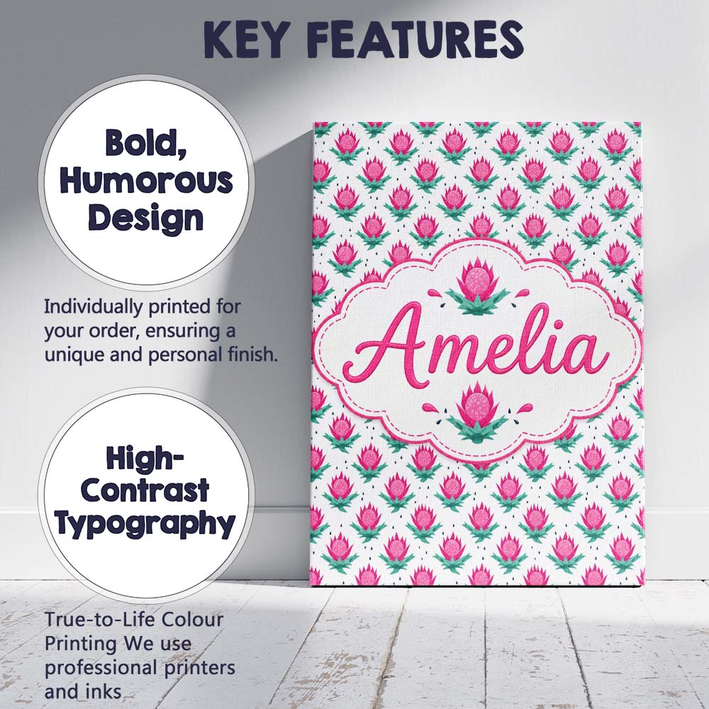 Personalised Name Stylised Pink Floral Bud Custom Unique Gift Idea Elegant Feature Canvas Wall Art Print Decor Picture Ready to Hang