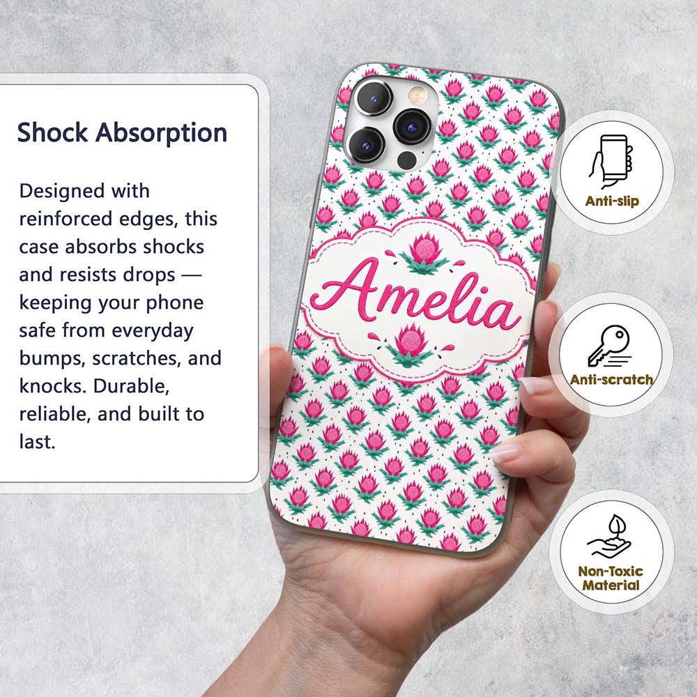 Stylised Pink Floral Bud Pattern Printed Design Custom Name Protective Phone Case Mobile Cover Durable Everyday Smartphone Shock Resistant