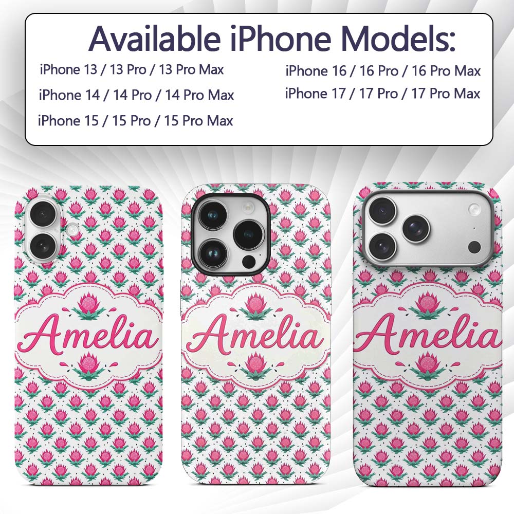 Stylised Pink Floral Bud Pattern Printed Design Custom Name Protective Phone Case Mobile Cover Durable Everyday Smartphone Shock Resistant