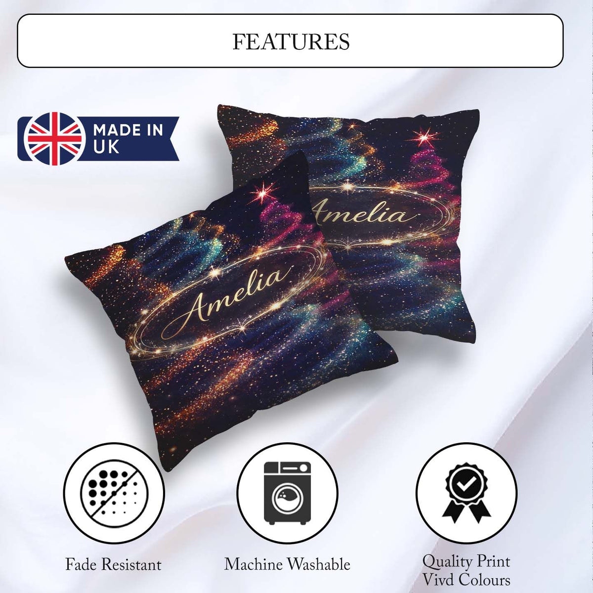 Custom Name Abstract Christmas Tree Lights Seamless Pattern Square Filled Cushion Throw Pillow Sofa Bed Home Decor Zip Washable UK Made