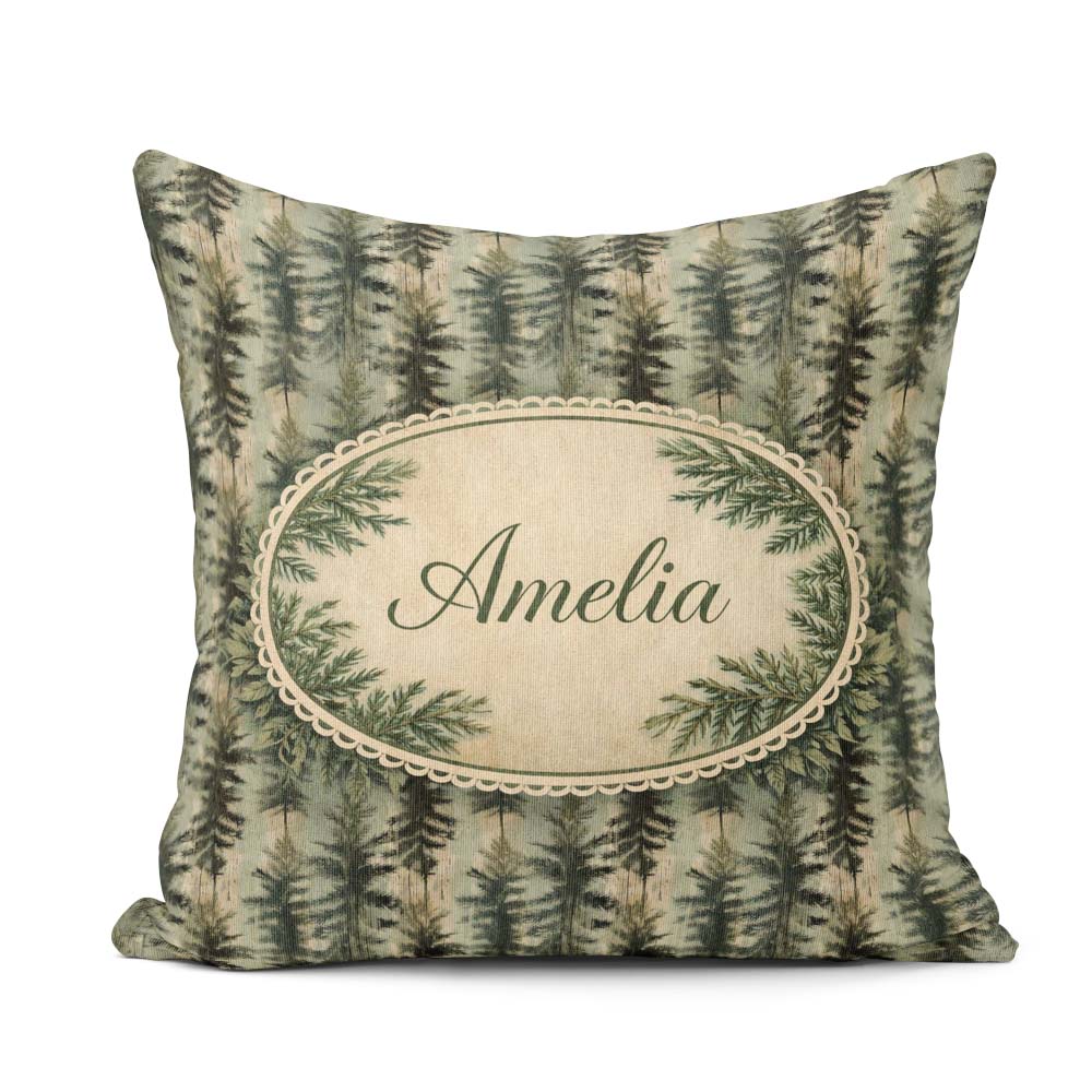 Custom Name Pine Tree Pattern in Muted Green Tones on Background Square Filled Cushion Throw Pillow Sofa Bed Home Decor Zip Washable UK Made