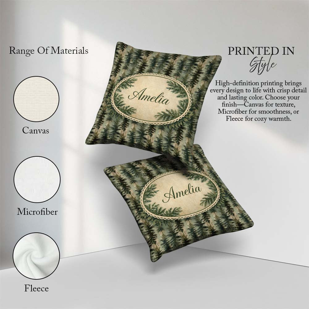 Custom Name Pine Tree Pattern in Muted Green Tones on Background Square Filled Cushion Throw Pillow Sofa Bed Home Decor Zip Washable UK Made
