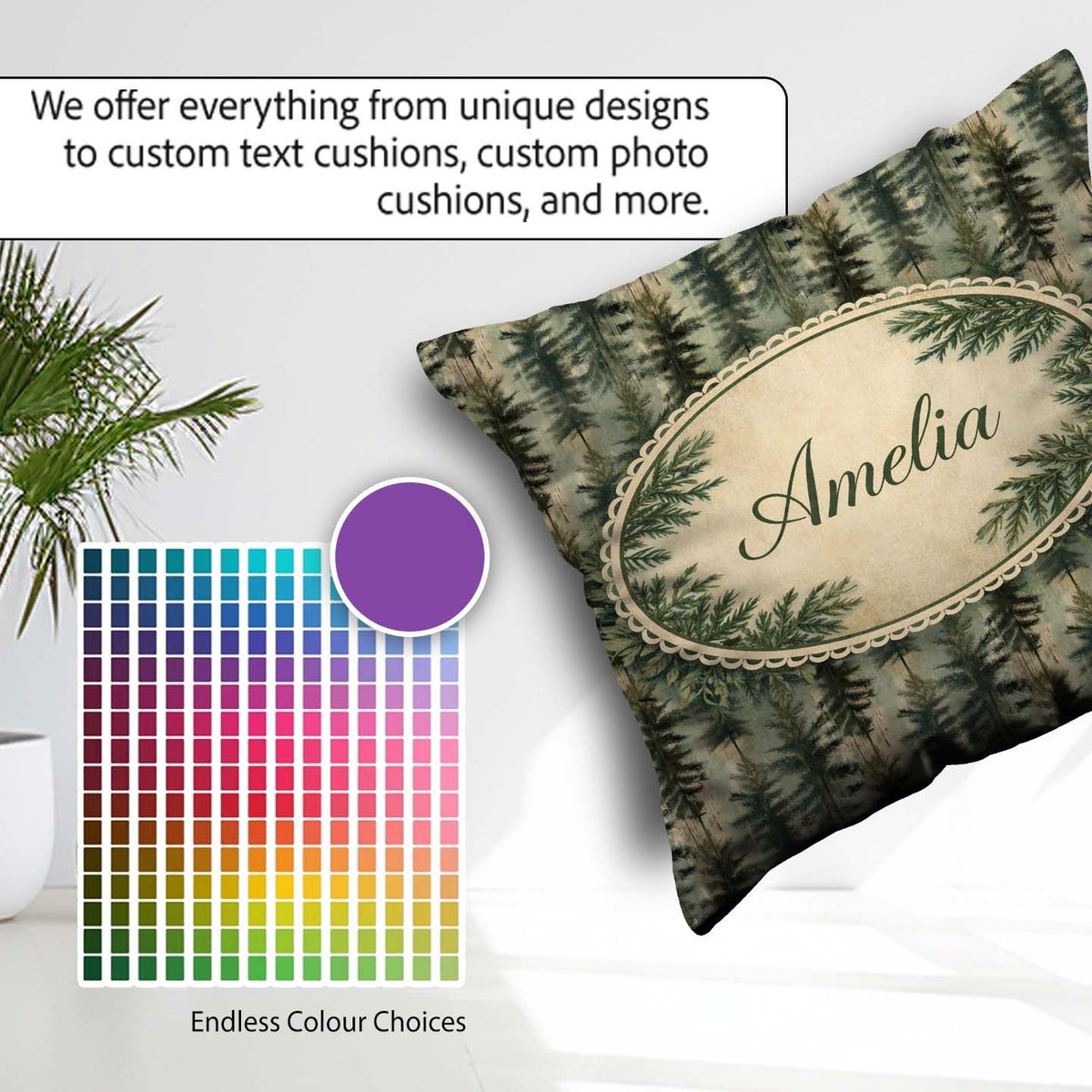 Custom Name Pine Tree Pattern in Muted Green Tones on Background Square Filled Cushion Throw Pillow Sofa Bed Home Decor Zip Washable UK Made