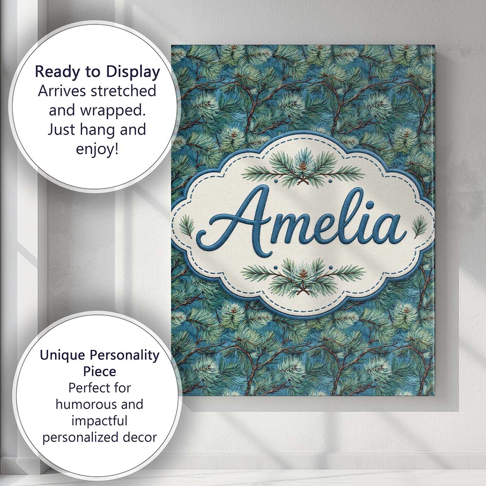 Personalised Name Pine Branch Pattern with Custom Unique Gift Idea Elegant Feature Canvas Wall Art Print Decor Picture Ready to Hang