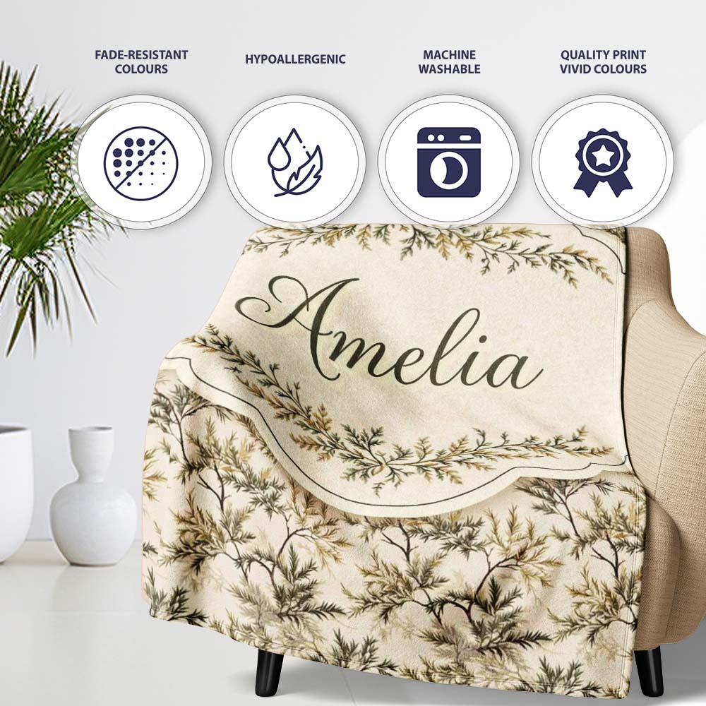 Pine Branch Pattern on Beige Background with Botanical Detail Lovely Personalised Custom Name Super Soft Fleece Blanket Bed Sofa Throw
