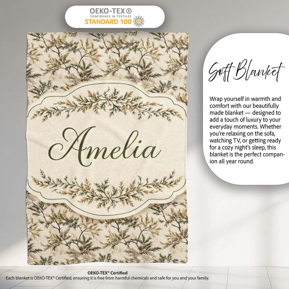 Pine Branch Pattern on Beige Background with Botanical Detail Lovely Personalised Custom Name Super Soft Fleece Blanket Bed Sofa Throw