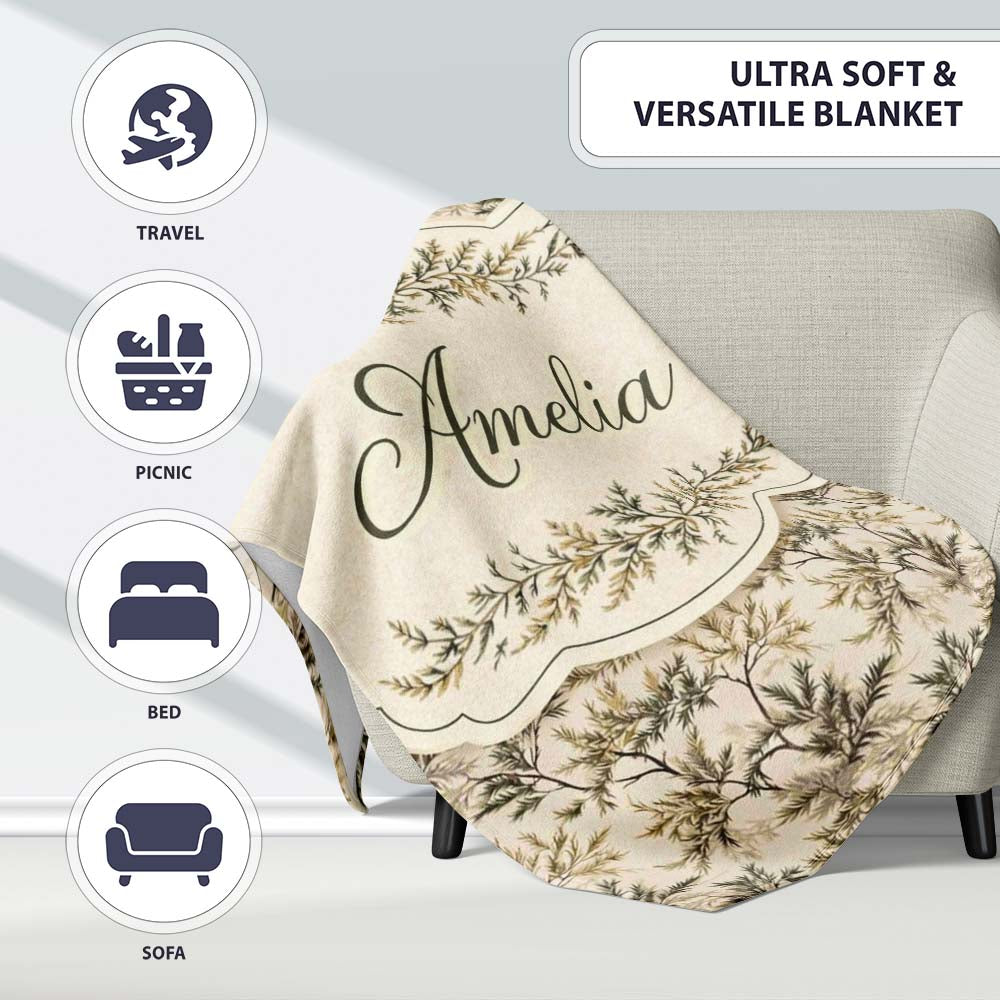 Pine Branch Pattern on Beige Background with Botanical Detail Lovely Personalised Custom Name Super Soft Fleece Blanket Bed Sofa Throw