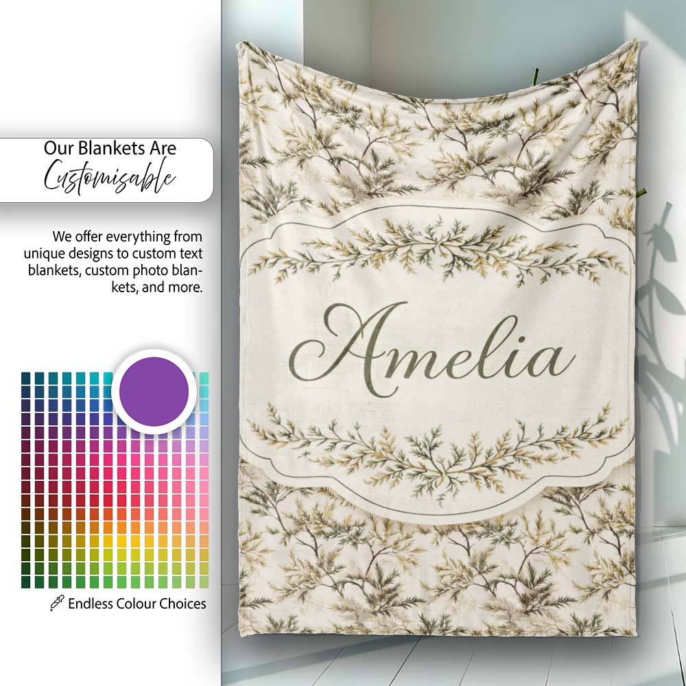 Pine Branch Pattern on Beige Background with Botanical Detail Lovely Personalised Custom Name Super Soft Fleece Blanket Bed Sofa Throw