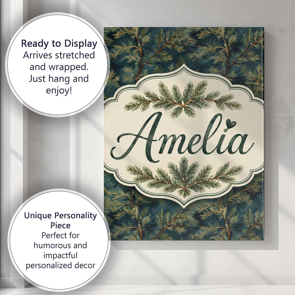 Personalised Name Dark Evergreen Pine Custom Modern Room Accent Creative Decorator Style Canvas Wall Art Print Decor Picture Ready to Hang