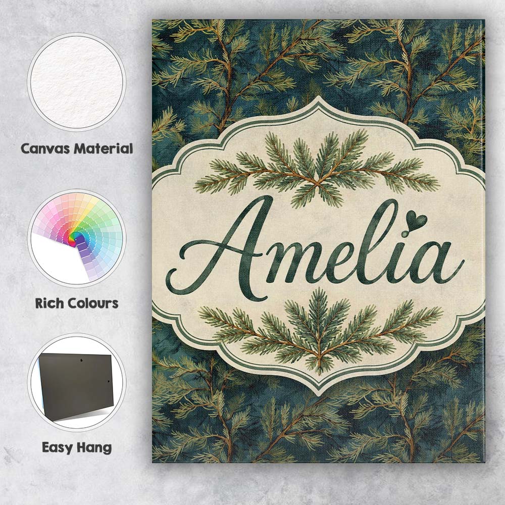 Personalised Name Dark Evergreen Pine Custom Modern Room Accent Creative Decorator Style Canvas Wall Art Print Decor Picture Ready to Hang
