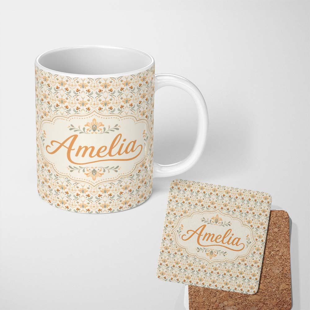 Personalized Custom Name Vintage Ornamental Floral Tile Pattern in Soft Beige and Muted Earth 11oz Ceramic Coffee Tea Mug White Large Handle