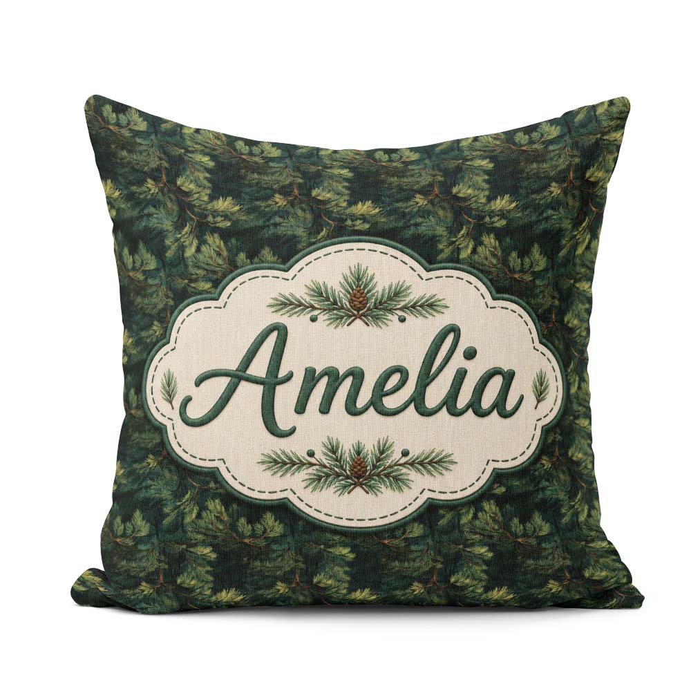 Custom Name Minimal Pine Needle Sprig on Light Background Lovely Square Filled Cushion Throw Pillow Sofa Bed Home Decor Zip Washable UK Made